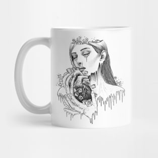 Frost illustration of woman holding ice heart. Mug
